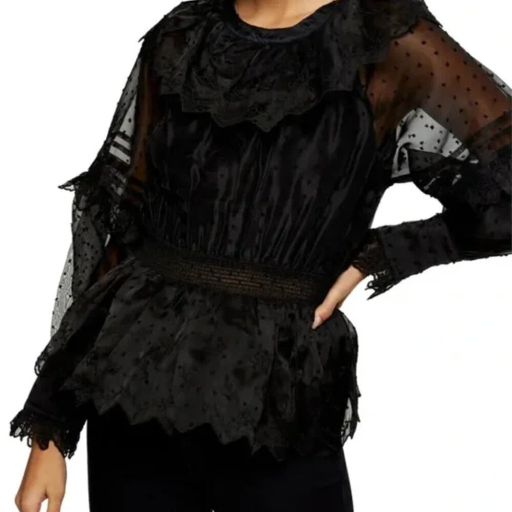 Topshop Sheer Black Dobby Blouse Size 6 Swiss Dot Embroidered Shirred Waist